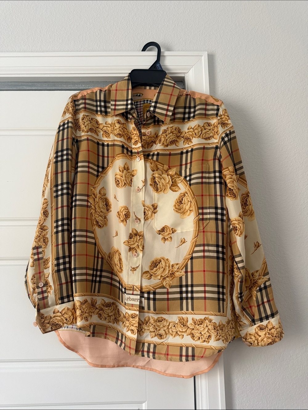 Burberry 100% silk Beige Plaid & Floral Button-Up Blouse